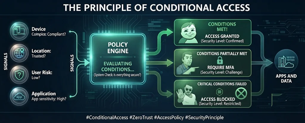 Schéma : le principe de l'accès conditionnel — signaux analysés (appareil, localisation, risque utilisateur, application), moteur de stratégies, puis décision : accès autorisé, MFA requise ou accès bloqué, avant d'atteindre les applications et données.