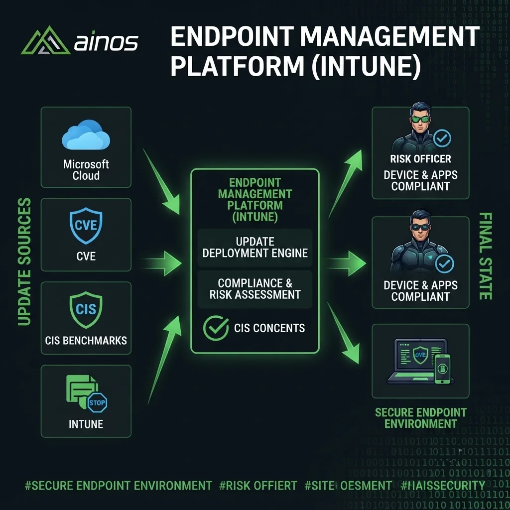 Plateforme de gestion des terminaux (Intune) : sources de mise à jour (Microsoft Cloud, CVE, CIS Benchmarks, Intune) évaluées pour produire des appareils et applications conformes.