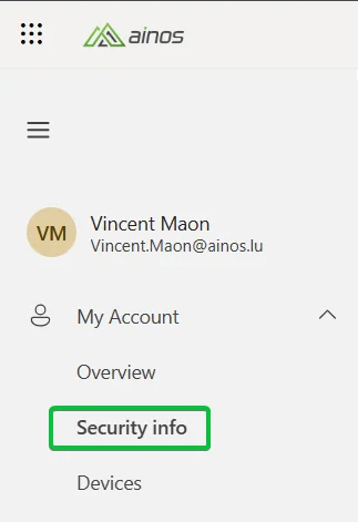Menu latéral Mon compte : section My Account ouverte, entrée Security info encadrée